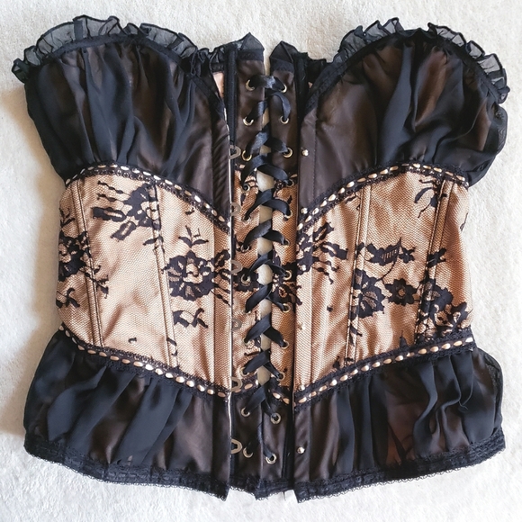 Tan Black Mesh Lace Overbust Corset Bustier Top Y2K vintage nwt - Picture 17 of 17